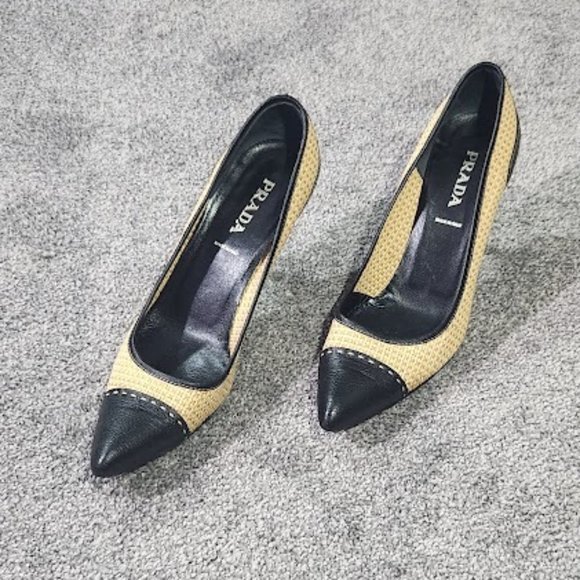 SOLD Prada Black Leather Raffia Cap Toe Pump Heels Sz 39 - Picture 6 of 15